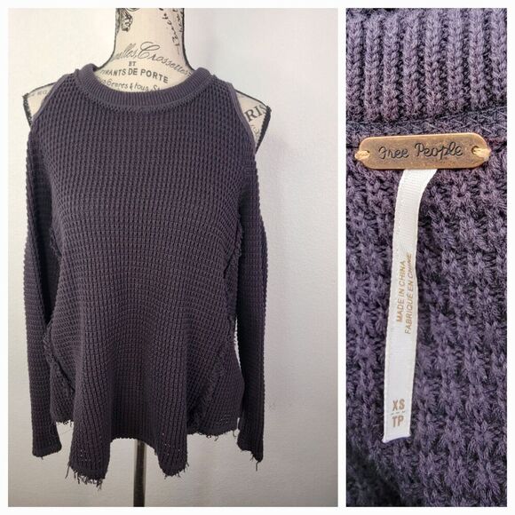 Free People Tops - Free People Thermal Top XS Moonshine Cold Shoulder Sweater Grunge Distressed Hem
